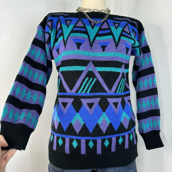 Vintage Women’s Geometric Print Sweater Purple Teal Black Size Small Retro - Picture 1 of 7